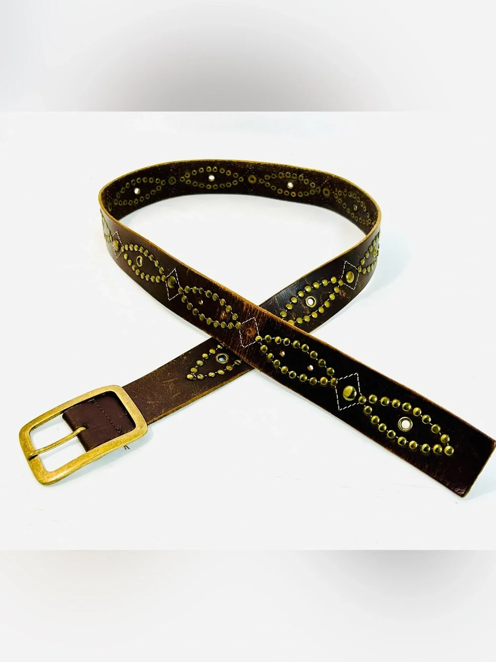 Western Brass Studded Belt, Brown Faux Leather with Studded Design